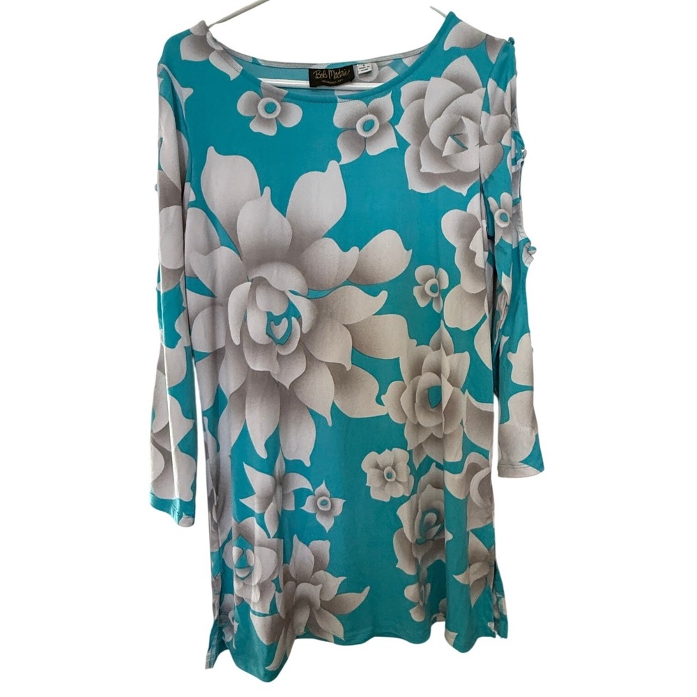 Bob Mackie Wearable Art Tunic Women Small Teal White Floral Cold Shoulder Top